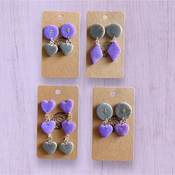 Handmade Rose Floral Themed Lavender Purple and Speckled Grey Heart Earrings - Picture 5 of 5